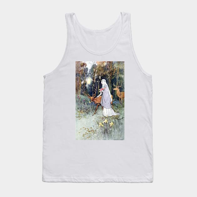 Woman Walking Through the Woods with a Timid Dun Deer - Warwick Goble Tank Top by forgottenbeauty